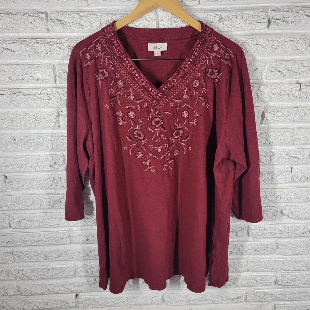 Style & Co Womens Top 3X Brown Embroidered Floral V-Neck 3/4 Sleeve Cotton Shirt
